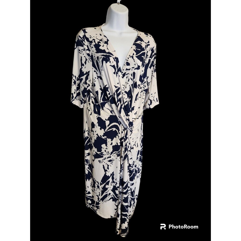 Adrianna Papell Size XL Floral Wrap Dress Navy White Stretchy